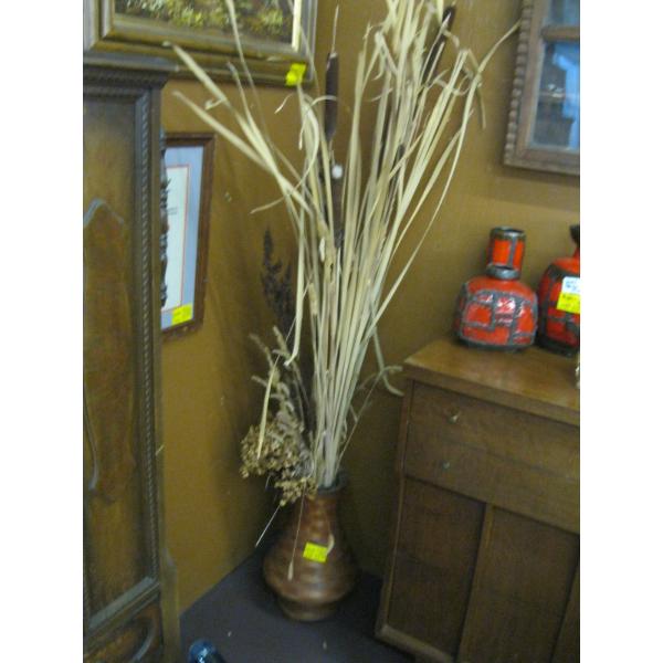 WOODEN TURNED VASE W/DRIED BULLRUSHES