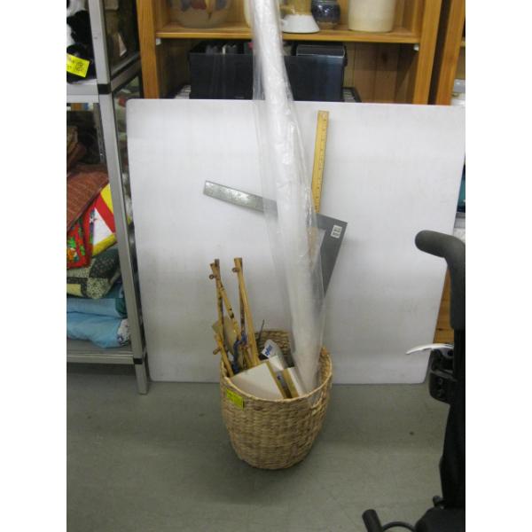 BASKET OF MISC. HANGING RACK, ETC.