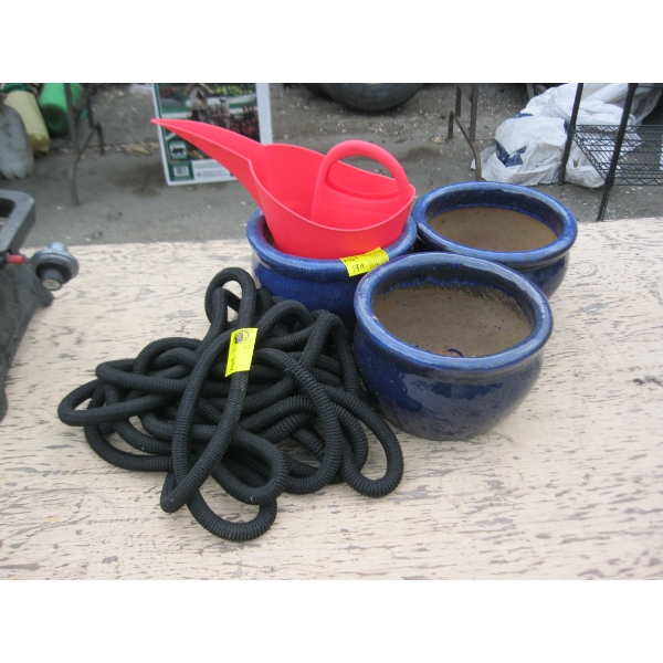 3 SM. BLUE CERAMIC PLANT POTS W/WATERING HOSE
