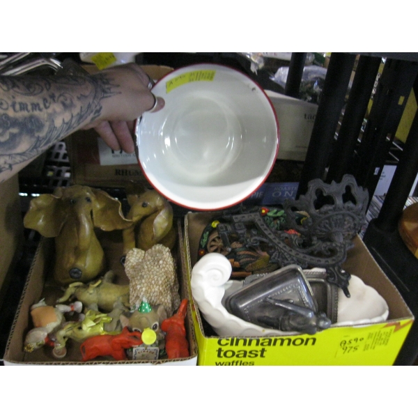 2 BOXES OF MISC. BOWLING FIGURINE, CAST IRON NAPKIN HOLDERS, ELEPHANTS, ETC.