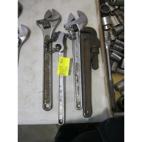 2 CRESCENT WRENCHES, PIPE WRENCH & CHAIN WRENCH