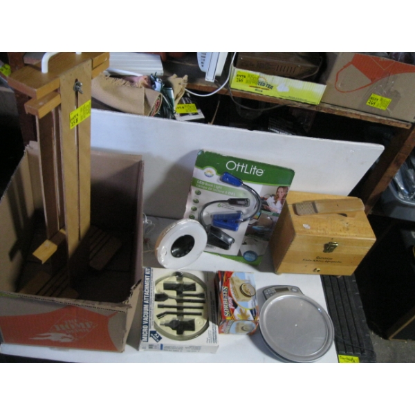 BOX OF MISC. OTTER LIGHT, SHOESHINE KIT, SCALE, ETC.