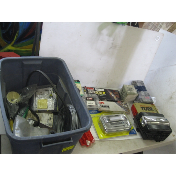 TOTE OF MISC. MOTORCYCLE TUBES, CHAIN, ETC.