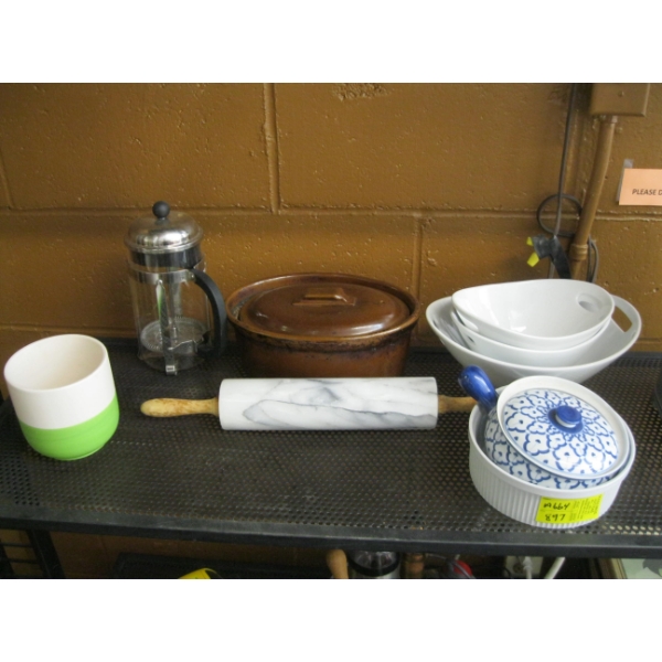 MISC. ROLLING PIN, BOWLS, COFFEE MAKER, ETC.