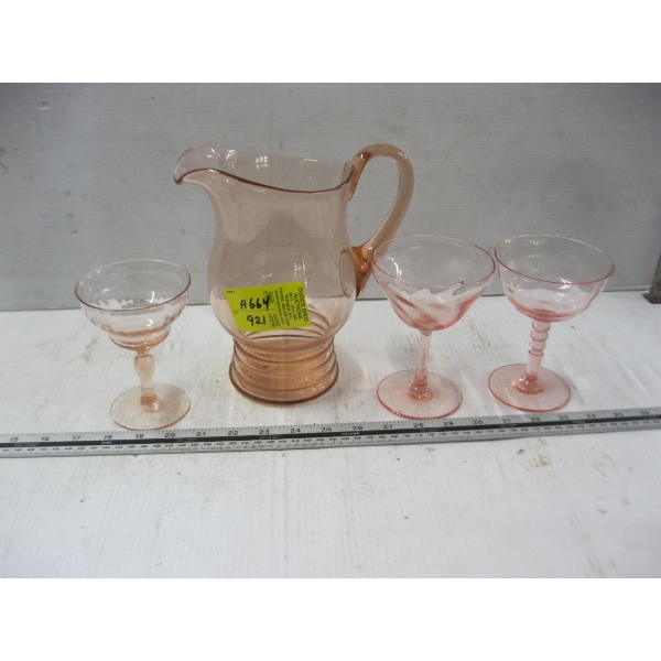 1 PINK DEPRESSION WATER PITCHER & 3 CUPS