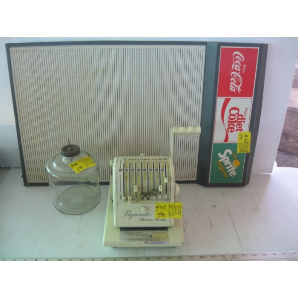 GLASS CONTAINER, COKE SIGN BOARD & PAYMASTER CHEQUE WRITER
