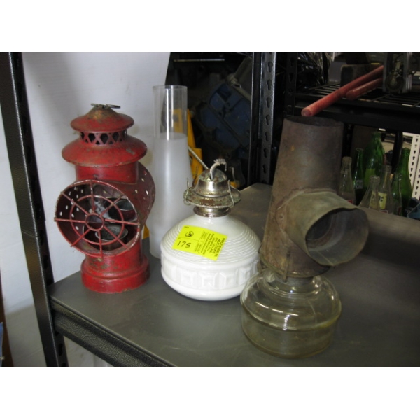 2 OIL LAMPS & A CANDLE LANTERN