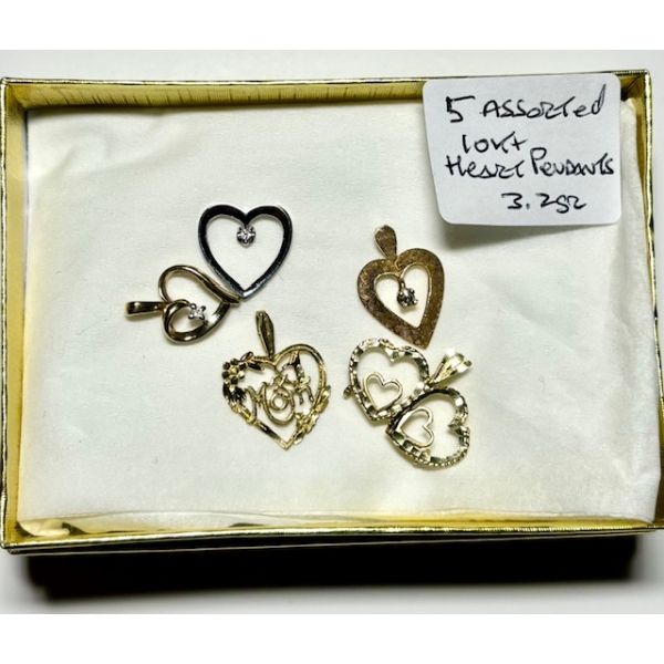 5 ASST. 10KT HEART PENDANTS, 3.2G