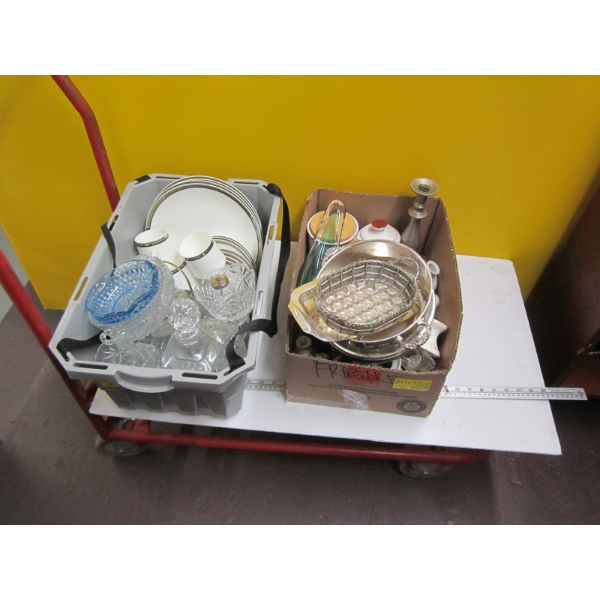 2 BOXES OF MISC. GLASSWARE, SILVERPLATE, CANDLEHOLDERS, DISHES, ETC.