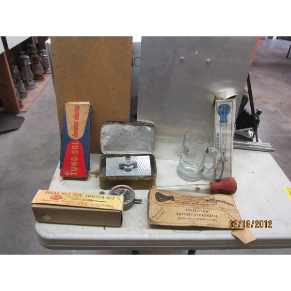 LOT OF COLLECTABLE AUTOMOTIVE ITEMS, ESSO MUG, BATTERY HYDROMETER, ETC