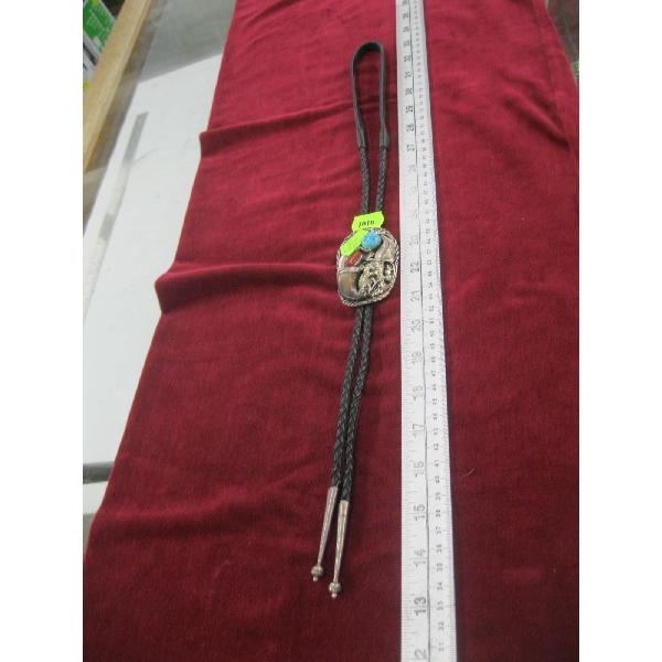 NAVAJO STERLING BOLO TIE W/TURQUOISE, CORAL & CLAW