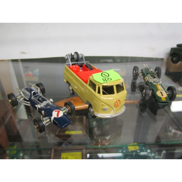 2 CORGI RACE CARS & A CORGI VOLKSWAGEN TOW TRUCK