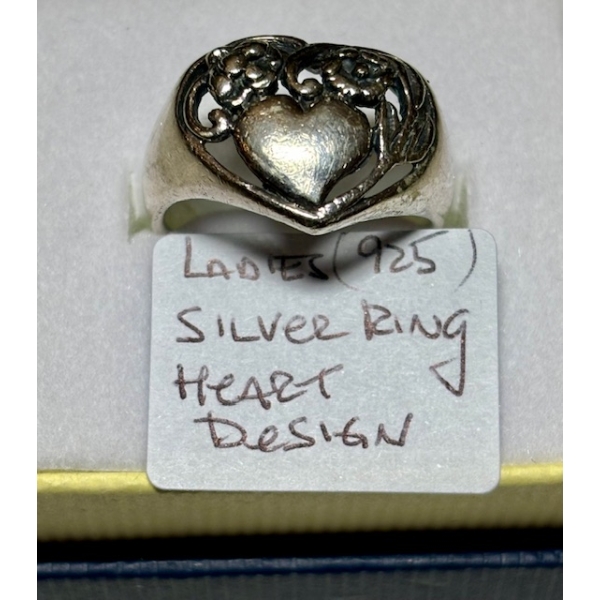 LADIES .925 SILVER RING, HEART DESIGN, SZ 8 1/2