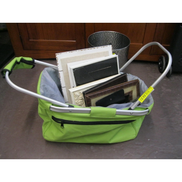BASKET W/ASST. TIN GARBAGE CAN, PICTURE FRAMES, ETC.