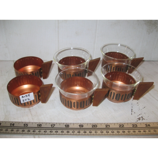 6 BRONZE GLASS MCM HOLDERS & 4 GLASSES