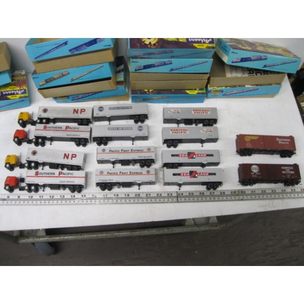 2 TRAIN CARS, 4 SEMIS W/TRAILERS & 8 SEMI TRAILERS