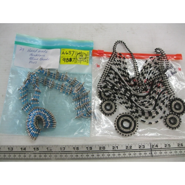 HANDMADE NECKLACE, BLUE BEAD PINS & A BEADED NECKLACE