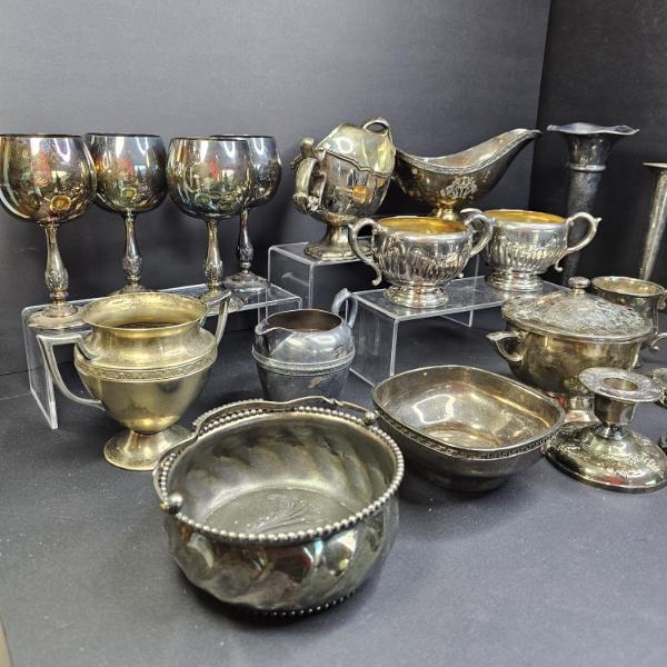 LG. LOT OF SILVER PLATED CUPS, BOWLS, VASES, ETC.