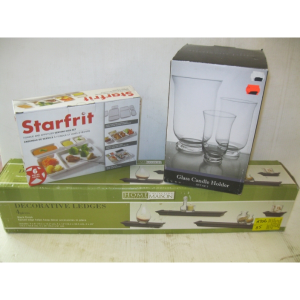DECORATIVE LEDGES, FONDUE APPETIZER SERVING SET & GLASS CANDLEHOLDER
