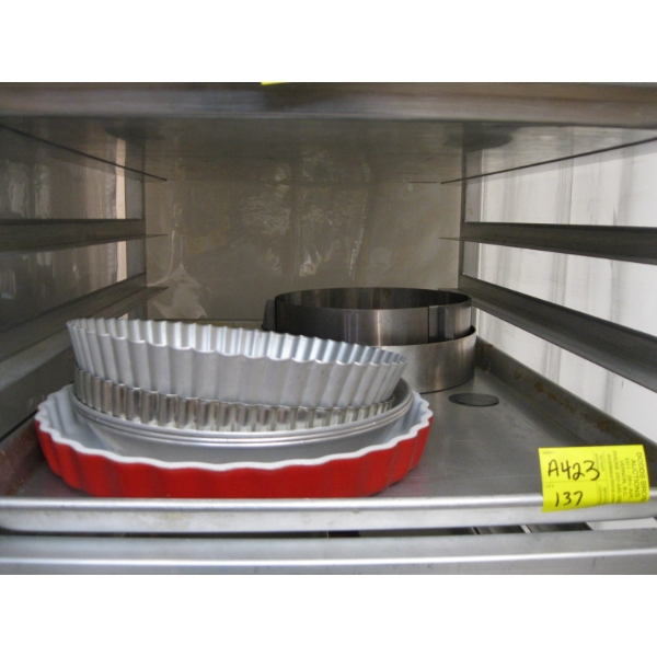 TRAY W/ASST. CAKE TINS, TRAYS, ETC.