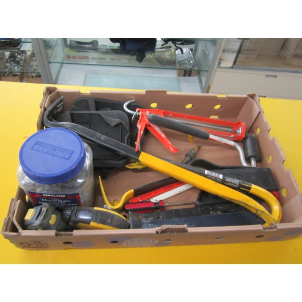 FLAT OF PRYBARS, KNEE PADS, MISC. TOOLS