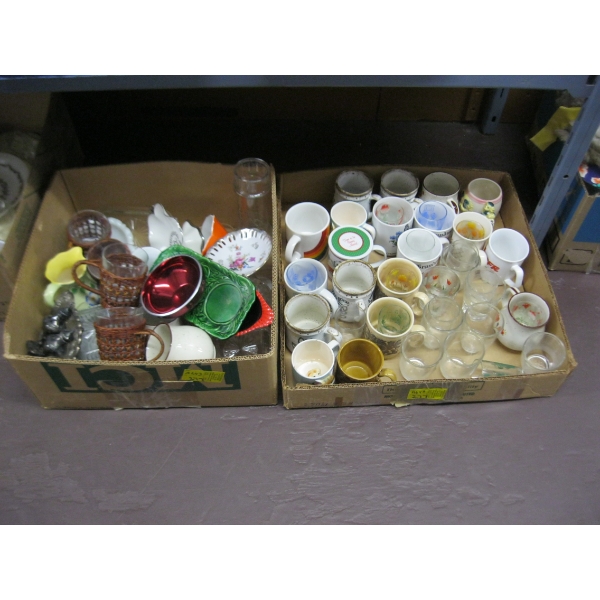 2 BOXES OF MISC. MUGS, GLASSWARE, ETC.