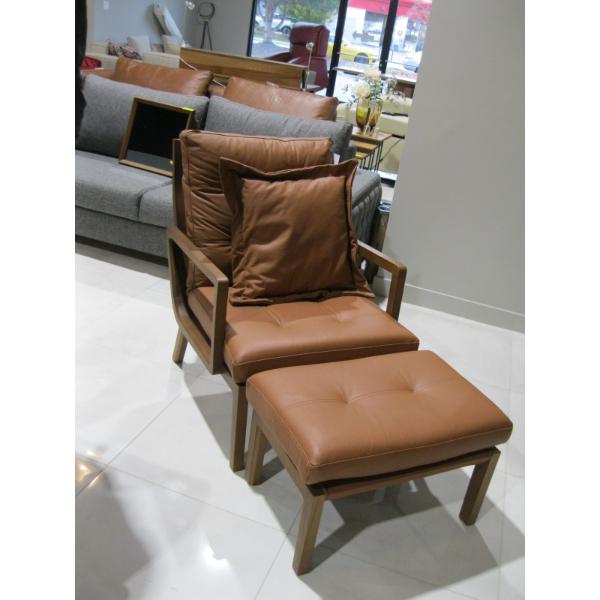 BROWN WOOD FRAMED ARMCHAIR W/MATCHING OTTOMAN