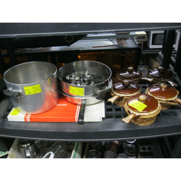 POTS, PANS, ONION SOUP BOWLS IN WICKER BASKETS, ETC.