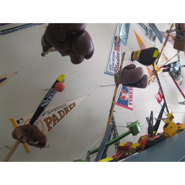 ASST. VINTAGE SPORTS EQUIPMENT - GLOVES, BASEBALL BAT, SIGNED HOCKEY STICK, ETC.