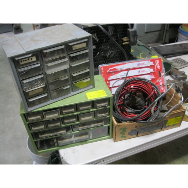 MISC. STORAGE DRAWERS W/CONTENTS, WIRING, SM. CABLE, ETC.