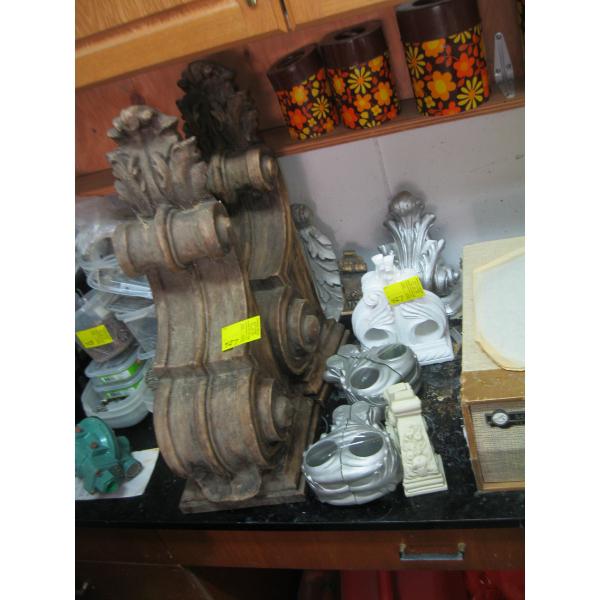 ASST. DRAPERY ROD HOLDERS, WOODEN WALL MOUNT STANDS, ETC.