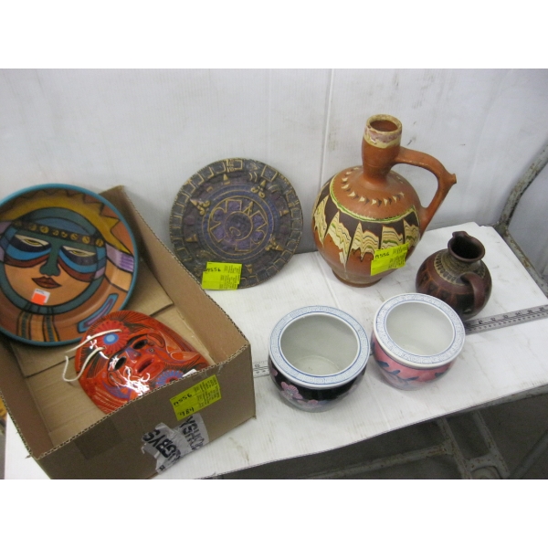 MISC. TERRACOTTA DECANTER, POTTERY BOWLS, ETC.