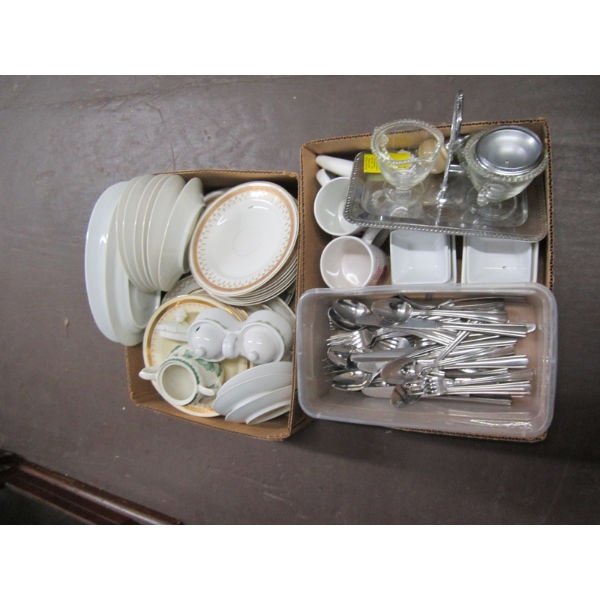 2 FLATS OF DISHWARE, SILVERWARE, ETC.