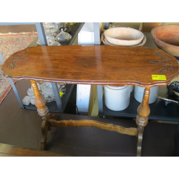 STRETCHER BASED ANTIQUE CARVED TOP HALL TABLE