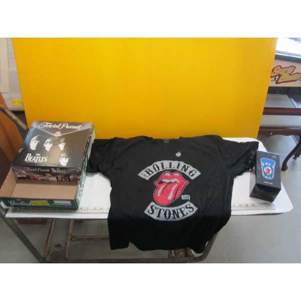 MISC. BEATLES COLLECTOR SET, ROLLING STONES SHIRT, THE WHO GLASS