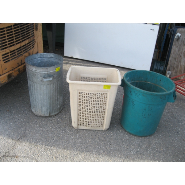2 GARBAGE CANS & A HAMPER