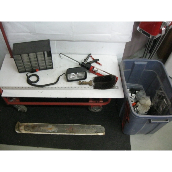 BIN OF MISC. PARTS DRAWER UNIT, BRAKE CONTROLLER, DOOR CLOSER, ETC.