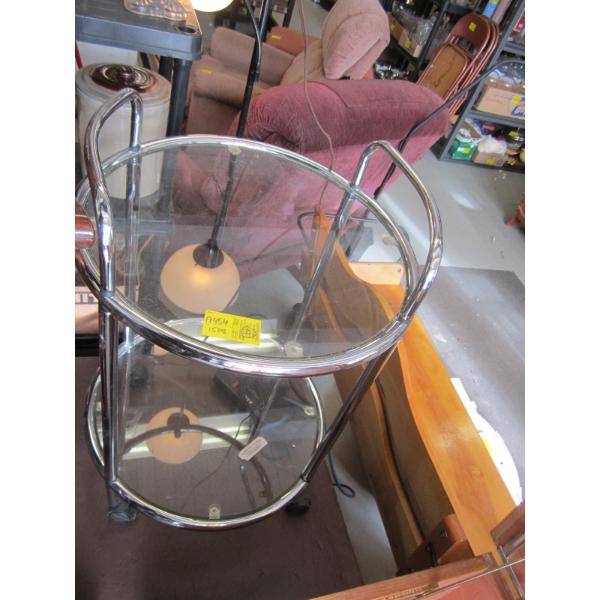 PAIR OF CHROME FRAMED ROLLING 2 TIER SERVING TABLES