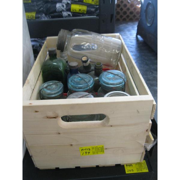 WOOD CASE W/MISC. COLLECTABLE BOTTLES, CANNING JARS, ETC.