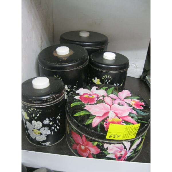 4 PIECE CANNISTER SET & A FLOWERED TIN