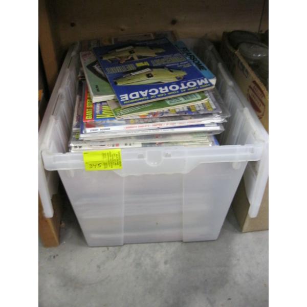 BIN W/ASST. HOT ROD MAGAZINES, CAR PARTS, ETC.