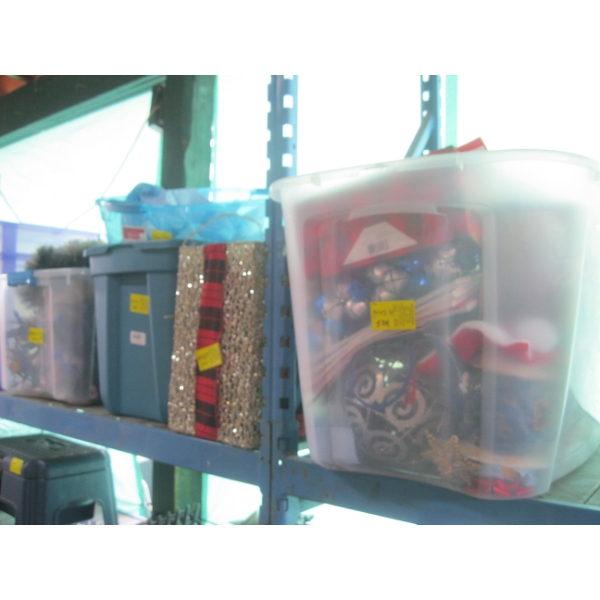 3 BINS & 1 BASKET OF ASST. CHRISTMAS DECORATIONS & LIGHTS