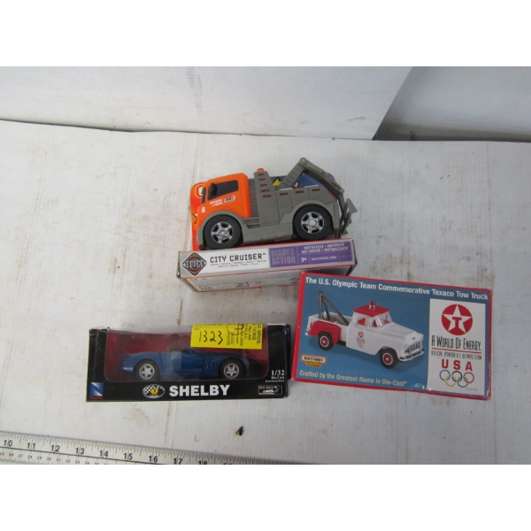 3 VEHICLES - SHELBY DIECAST, TEXACO TOW TRUCK DIECAST & MATCHBOX TOW TRUCK