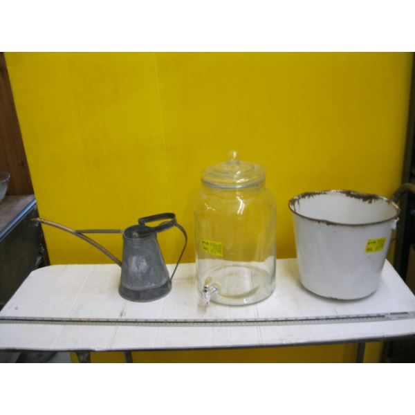GLASS WATER DISPENSER, ENAMEL PAIL & METAL WATERER