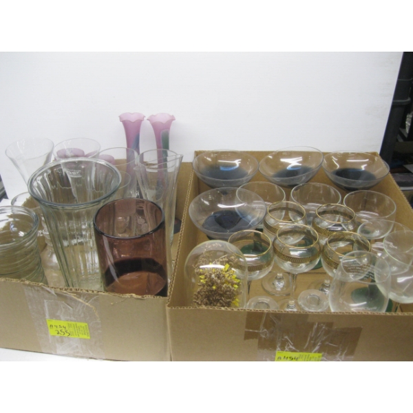 2 BOXES OF MISC. WINEGLASSES, VASES, ETC.