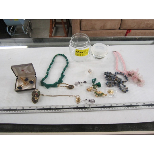 GLASS CANNISTER W/ASST. JEWELLERY & SET OF CUFFLINKS & TIE CLIP