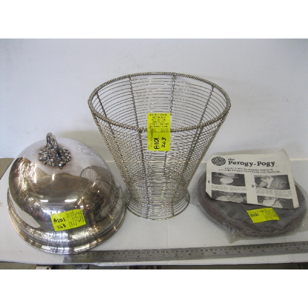 SILVER PLATED PLATTER COVER, MCM METAL BASKET, PEROGY CUTTER, ETC.