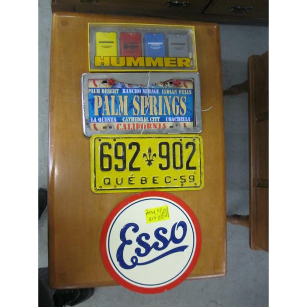 MISC. ESSO SIGN, 1959 QUEBEC LICENCE PLATE, ETC.