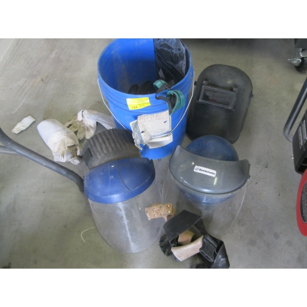 BUCKET W/MISC. WELDING HELMET, GRINDING SHIELD, NAIL POUCH, ETC.