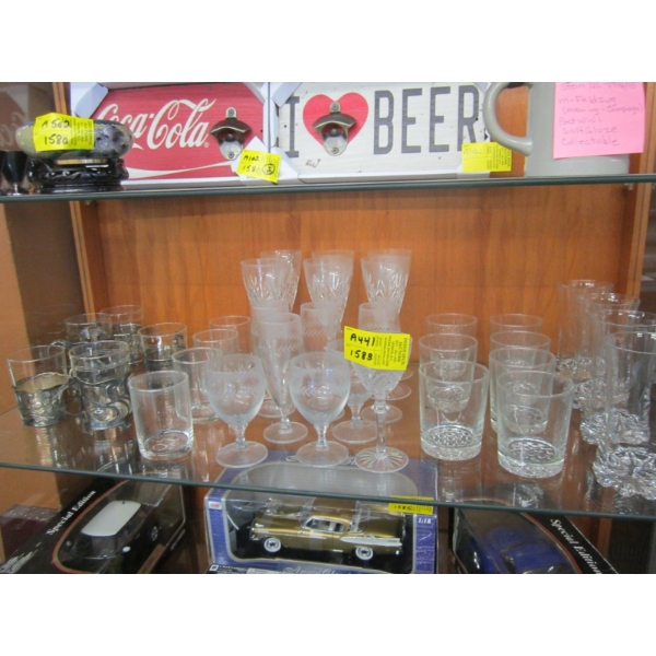 SHELF OF WINEGLASSES, CUPS & METAL CUP HOLDERS